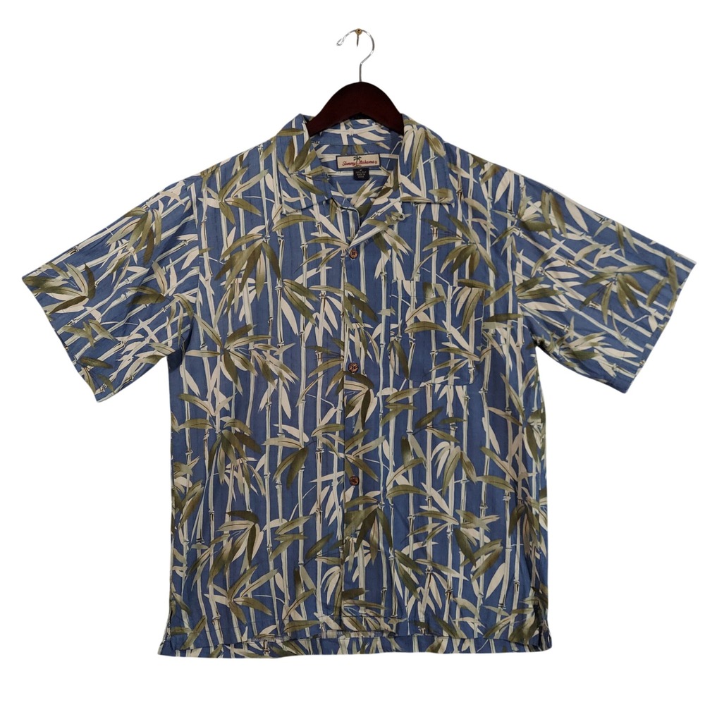 Tommy Bahama Button Down Shirt Mens M Blue Silk Bamboo Leaf Print Loop Collar